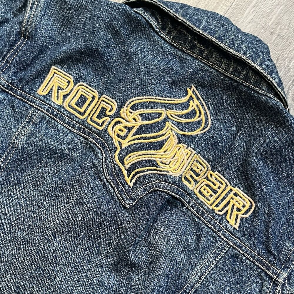 Rocawear Womens Medium Blue Denim Jacket Embroidered on Back